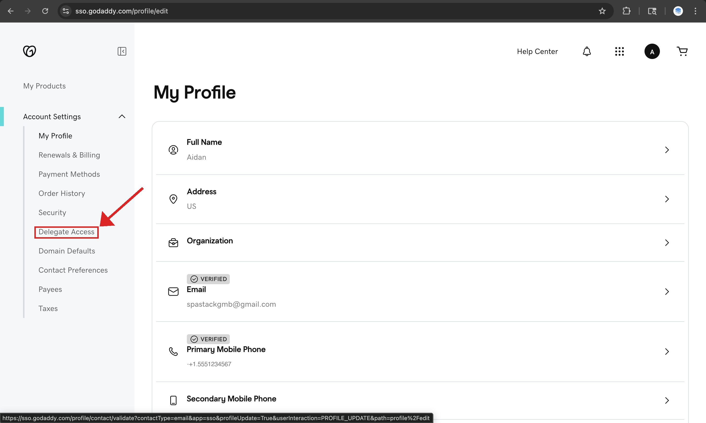 GoDaddy Account Settings - Click Delegate Access in the sidebar